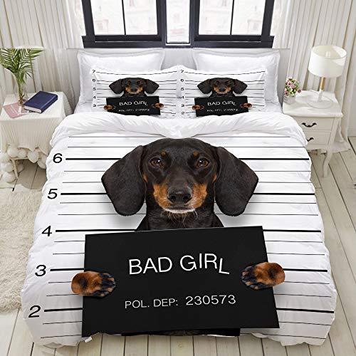 MIGAGA Bedding Bedrucktes Bettbezug-Sets,Dackel-Wurst-Hund mit Polizei,Mikrofaser Kinder Student Schlafsaal Bettwäsche Set (1 Bettbezug + 2 Kissenbezüge)
