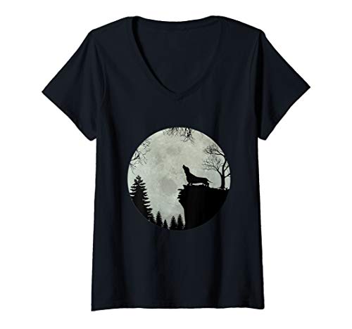 Damen Dackel Dachshund Teckel Jault vor Mond Geschenkidee T-Shirt mit V-Ausschnitt