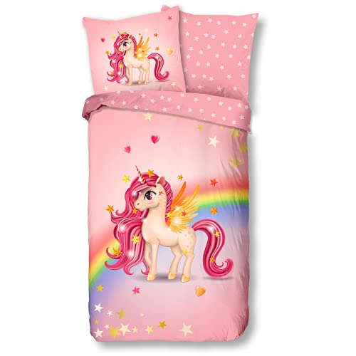 Aminata Kids Bettwäsche Einhorn-Motiv 135-x-200 Mädchen Kinder Baumwolle Jugendliche Teenager - Einhornbettwäsche mit Reißverschluss - Unicorn - Kinder-Bettwäsche-Set Sterne rosa Pferd-Tier-Motiv Aminata Kids Bettwäsche Einhorn-Motiv 135-x-200 Mädchen Kinder Baumwolle Jugendliche Teenager - Einhornbettwäsche mit Reißverschluss - Unicorn - Kinder-Bettwäsche-Set Sterne rosa Pferd-Tier-Motiv