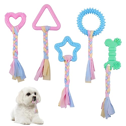 Ailvor Kauspielzeug Hund, 5 Stück Kauspielzeug Welpen, Gummi Welpen Spielzeug mit Baumwollseilen für Hunde zur Linderung von Ängsten, Reinigung der Zähne