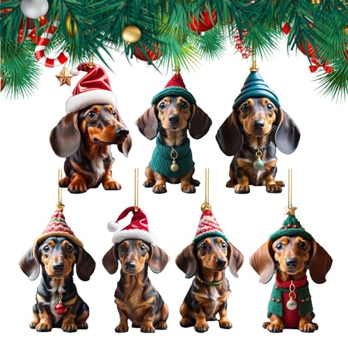 Ellxen 7 Stück Dackel Weihnachtsbaumschmuck Cute 2D Acryl Weihnachtsdekoration,lustiges Weihnachtsanhänger, Weihnachtsdekoration für Veranda, Flur, Büro, Wohnheim, Urlaub, Hundegeschenke