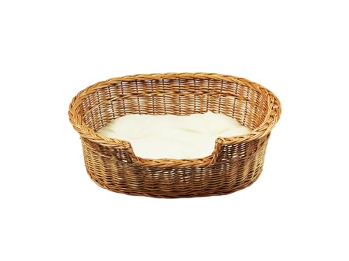 Damian-Wiklina Hundebett – Katzenbett – Hundeliege – Katzenliege – Katzenkorb – Hundekorb aus Weide – Hundekörbchen – BTH 43x28x10/14 cm – mit Ecri-Kissen