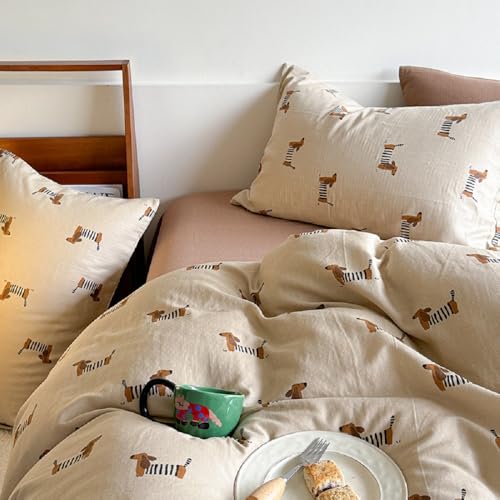 Lanqinglv Bettwäsche 155x220 Kinder Dackel Hellbraun Braun Bettwäsche Mädchen Jungen aus Microfaser,ÖKO-TEX Bettwäsche Set - Weiche Bettbezug mit Reißverschluss und 1 Kissenbezug 80x80 cm